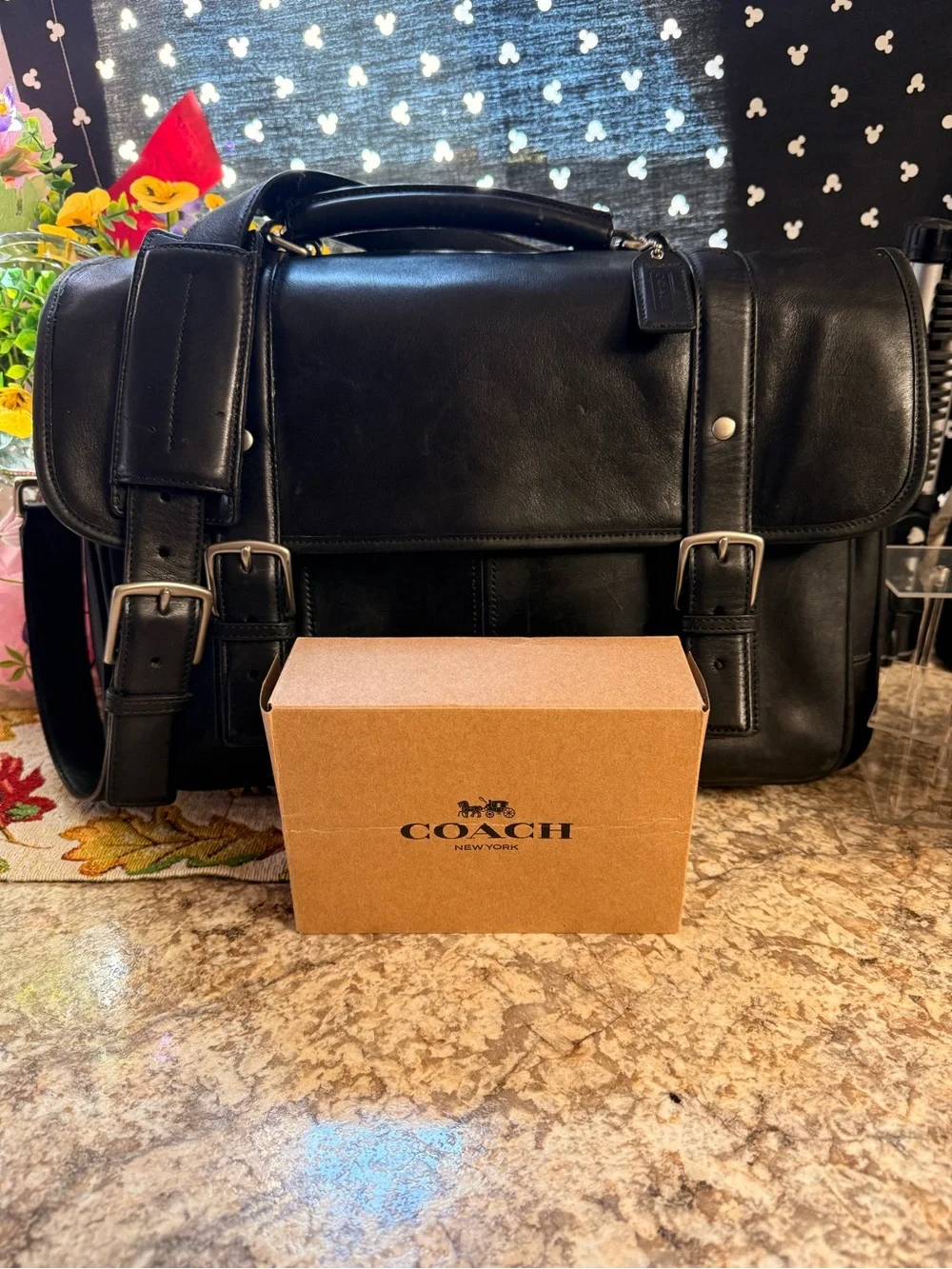 Coach Black Leather Messenger Bag with Buckle Straps